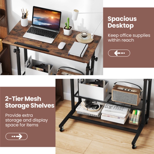 Costway Mobile Stand up Desk with Tilting Tabletop Storage Shelves Wheels for Living Room Gray/Brown