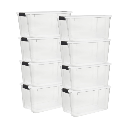 Sterilite 70 Qt Clear Plastic Stackable Storage Bin w/ White Latch Lid,