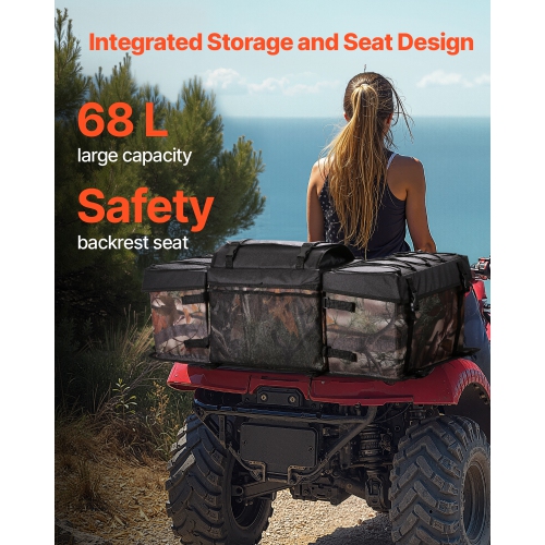 VEVOR 68L ATV Rear Storage Bag, ATV Rear Cargo Bag with Sponge Seat Cushion & Bottle Holder, 600D Oxford Cloth Storage Rear Rack Seat Bag Fit Most