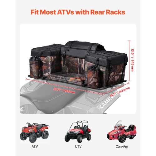 VEVOR 68L ATV Rear Storage Bag, ATV Rear Cargo Bag with Sponge Seat Cushion & Bottle Holder, 600D Oxford Cloth Storage Rear Rack Seat Bag Fit Most