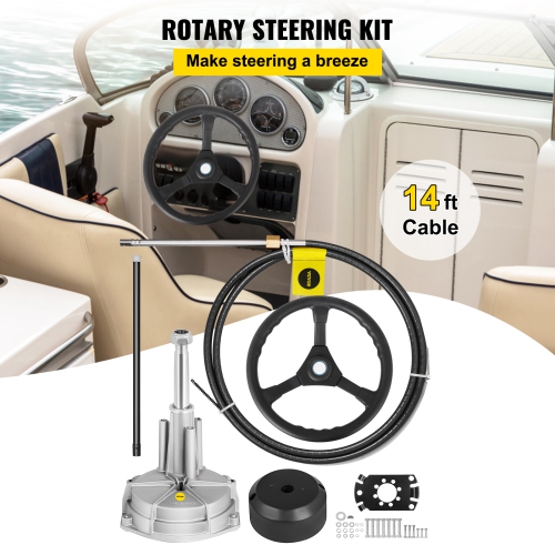 VEVOR 14' Outboard Steering System Kit, Boat Steering Cable, Standard 3/4" Tapered Shaft, 13.5" Steering Wheel, Alloy Marine Steering System, for