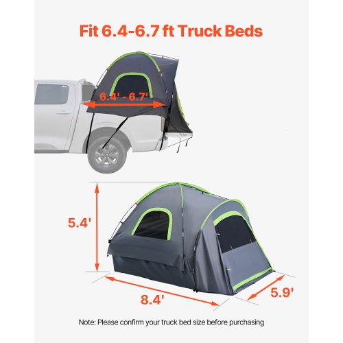 VEVOR 6.4-6.7 ft Pickup Truck Tent, Truck Tents for Camping, Waterproof PU2000 2-3 Person Sleeping Truck Bed Tent with Double Layer Design Windows,