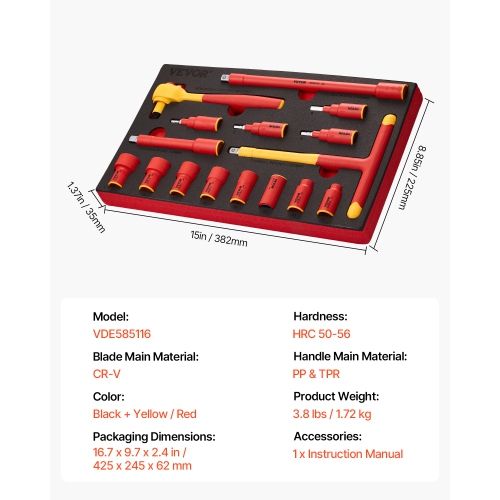 VEVOR 16-Piece Insulated Socket Set, Insulated Wrench Tool Set, 1000V Insulated Socket Tool, with Sockets, T-Handle Wrench, Drive Rachet, Extensions,