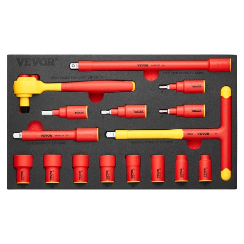 VEVOR 16-Piece Insulated Socket Set, Insulated Wrench Tool Set, 1000V Insulated Socket Tool, with Sockets, T-Handle Wrench, Drive Rachet, Extensions,