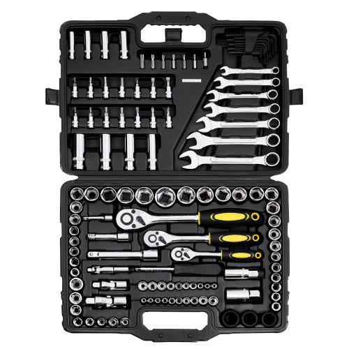 VEVOR 121-Piece Mechanics Tool Set, 1/4" 3/8" 1/2" Drive Sockets, SAE and Metric, with Bits, Wrenches, Ratchet Handle, Accessories, and Plastic