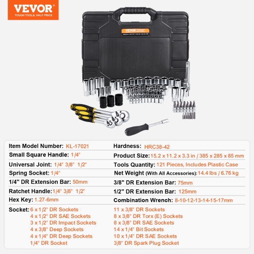 VEVOR 121-Piece Mechanics Tool Set, 1/4" 3/8" 1/2" Drive Sockets, SAE and Metric, with Bits, Wrenches, Ratchet Handle, Accessories, and Plastic