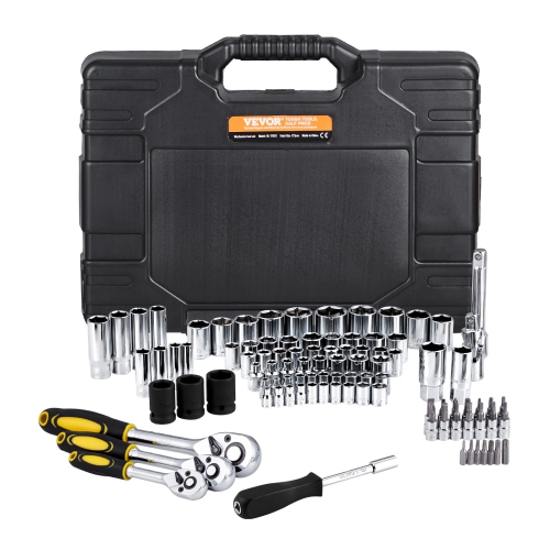 VEVOR 121-Piece Mechanics Tool Set, 1/4" 3/8" 1/2" Drive Sockets, SAE and Metric, with Bits, Wrenches, Ratchet Handle, Accessories, and Plastic