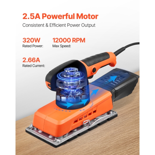 VEVOR 1/2 Sheet Sander, Sheet 2.5A Electric Sander for Woodworking, Max. 12000RPM Variable Speed Sheet Finishing Sander with Sandpaper and Dust Box