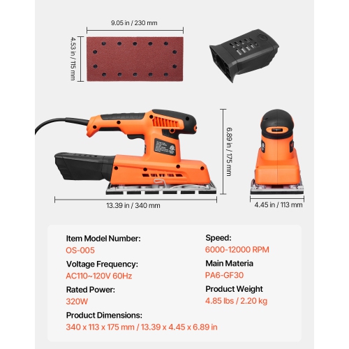 VEVOR 1/2 Sheet Sander, Sheet 2.5A Electric Sander for Woodworking, Max. 12000RPM Variable Speed Sheet Finishing Sander with Sandpaper and Dust Box