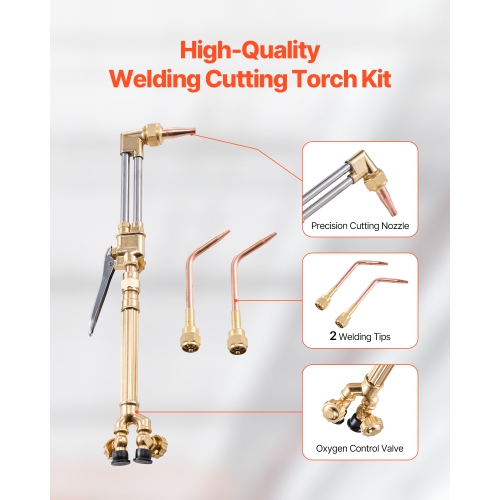 VEVOR 14PCS Oxygen Acetylene Gas Welding Cutting Torch Kit, Oxy Acetylene Brazing Set with 177'' Twin-Hose, Cutting Nozzle, 2 Welding Tips & Cylinder
