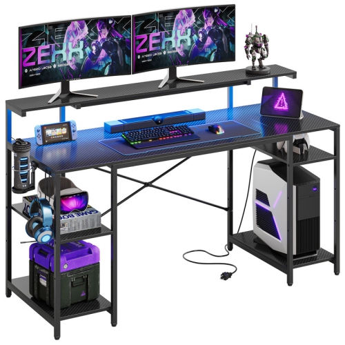 Bestier 55&nbsp;po Bureau de jeu avec bureau d'ordinateur léger en fibre de carbone noire LED pour le bureau à domicile