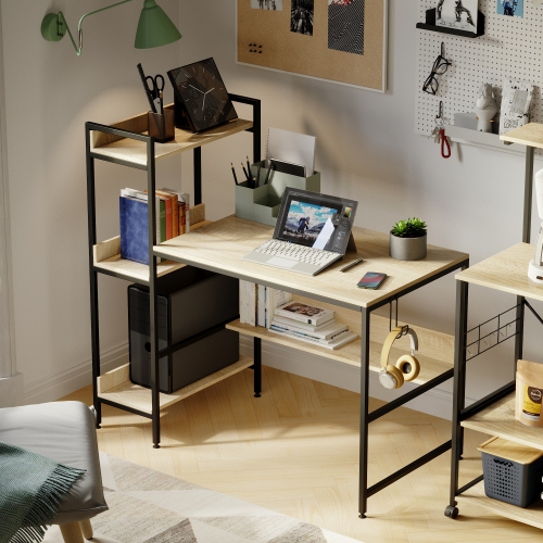 Bureau d'ordinateur Bestier 47&nbsp;po avec tablettes de rangement latérales et sous le bureau en chêne
