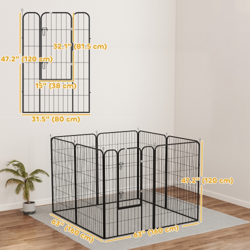 PawHut Dog Playpen, 31.5"W Heavy-Duty Metal Puppy Play Pen, Pet Exercise Fences for Outside and Indoor, DIY Design with Door for Large Dogs, 8