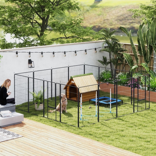 PawHut Dog Playpen, 31.5" W Heavy-Duty Metal Puppy Play Pen, Pet Exercise Fences for Outside and Indoor, DIY Design with Door for Large Dogs, 16