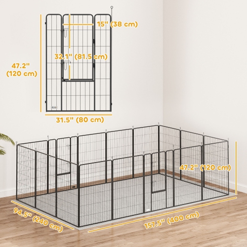 PawHut Dog Playpen, 31.5" W Heavy-Duty Metal Puppy Play Pen, Pet Exercise Fences for Outside and Indoor, DIY Design with Door for Large Dogs, 16