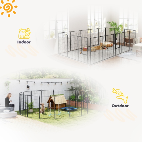 PawHut Dog Playpen, 31.5" W Heavy-Duty Metal Puppy Play Pen, Pet Exercise Fences for Outside and Indoor, DIY Design with Door for Large Dogs, 16
