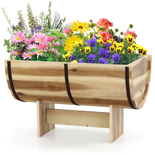 Costway 1/2 PCS Outdoor Wooden Planter Solid Acacia Wood Half-Barrel Planter Box with Legs