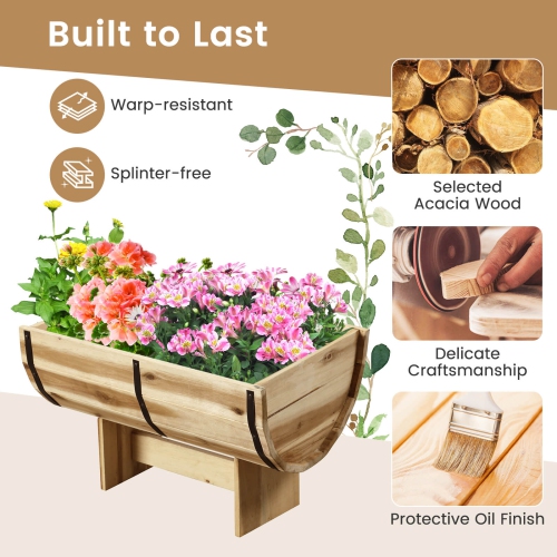 Costway 1/2 PCS Outdoor Wooden Planter Solid Acacia Wood Half-Barrel Planter Box with Legs