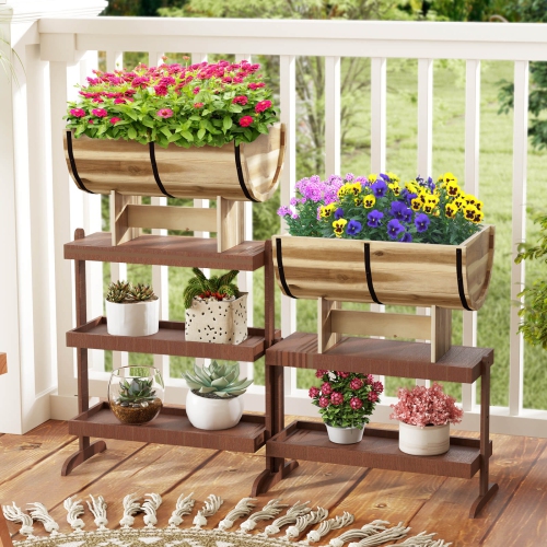 Costway 1/2 PCS Outdoor Wooden Planter Solid Acacia Wood Half-Barrel Planter Box with Legs