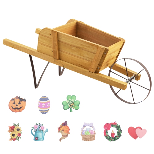 Costway Wooden Wagon Planter Decorative Indoor/Outdoor Rustic Flower Cart with Wheel Blue/Beige/Red