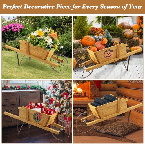 Costway Wooden Wagon Planter Decorative Indoor/Outdoor Rustic Flower Cart with Wheel Blue/Beige/Red