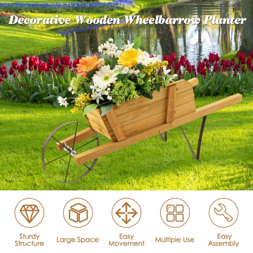 Costway Wooden Wagon Planter Decorative Indoor/Outdoor Rustic Flower Cart with Wheel Blue/Beige/Red
