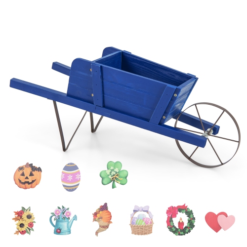 Costway Wooden Wagon Planter Decorative Indoor/Outdoor Rustic Flower Cart with Wheel Blue/Beige/Red