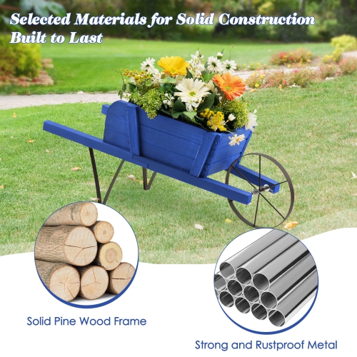 Costway Wooden Wagon Planter Decorative Indoor/Outdoor Rustic Flower Cart with Wheel Blue/Beige/Red