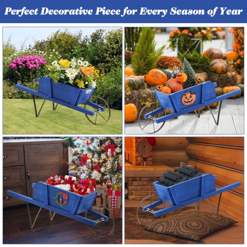 Costway Wooden Wagon Planter Decorative Indoor/Outdoor Rustic Flower Cart with Wheel Blue/Beige/Red