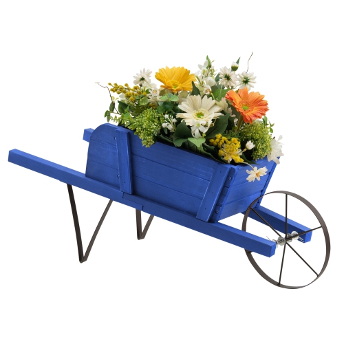 Costway Wooden Wagon Planter Decorative Indoor/Outdoor Rustic Flower Cart with Wheel Blue/Beige/Red