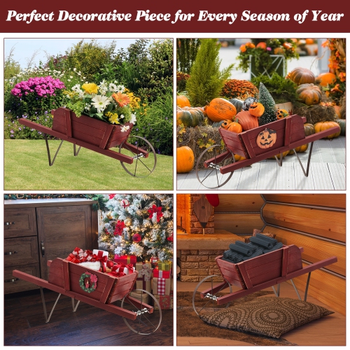 Costway Wooden Wagon Planter Decorative Indoor/Outdoor Rustic Flower Cart with Wheel Blue/Beige/Red