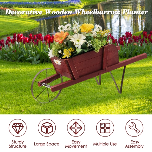 Costway Wooden Wagon Planter Decorative Indoor/Outdoor Rustic Flower Cart with Wheel Blue/Beige/Red