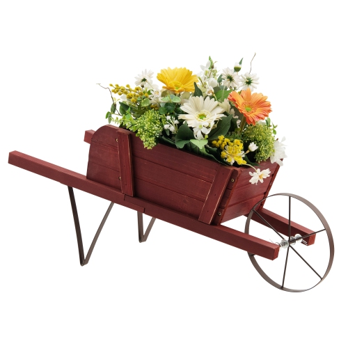 Costway Wooden Wagon Planter Decorative Indoor/Outdoor Rustic Flower Cart with Wheel Blue/Beige/Red