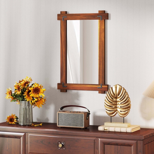 Miroir mural incassable 30 x 28,5&nbsp;po 20/35 x 24/40 avec cadre en bois d'acacia et rivets rétro de Costway