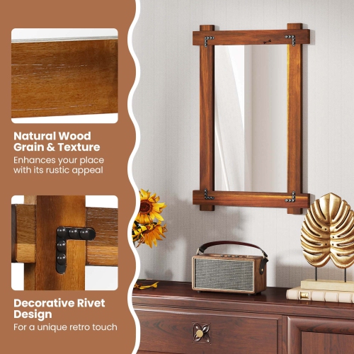 Miroir mural incassable 30 x 28,5&nbsp;po 20/35 x 24/40 avec cadre en bois d'acacia et rivets rétro de Costway