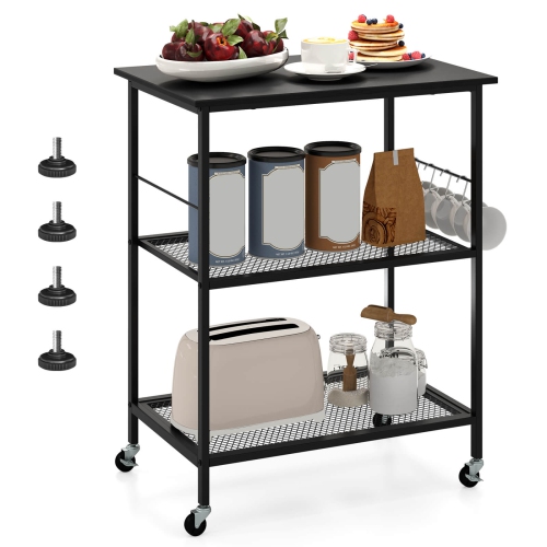 Costway 3-Tier Kitchen Serving Cart Utility Standing Microwave Rack with Hooks Rustic