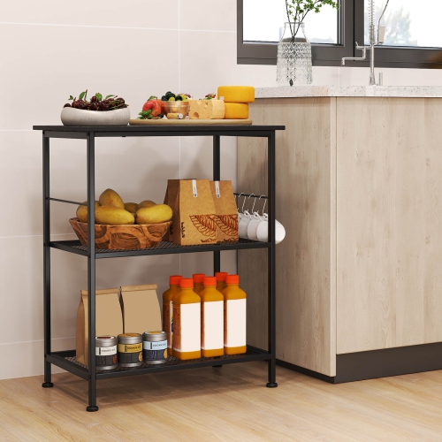 Costway 3-Tier Kitchen Serving Cart Utility Standing Microwave Rack with Hooks Rustic