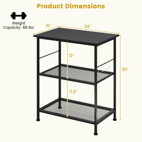 Costway 3-Tier Kitchen Serving Cart Utility Standing Microwave Rack with Hooks Rustic