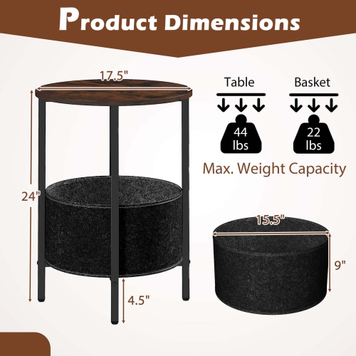 Costway 1/2 PCS Round End Table with Felt Storage Basket Sturdy Metal Frame Perfect for Bedroom