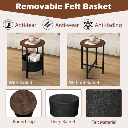 Costway 1/2 PCS Round End Table with Felt Storage Basket Sturdy Metal Frame Perfect for Bedroom