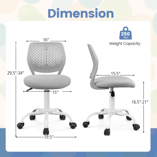 Costway Office Task Desk Armless Chair Adjustable Mid Back Swivel Study Chair