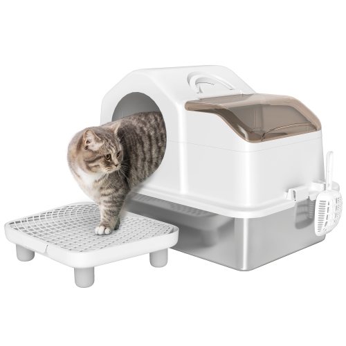 PawHut Stainless Steel Cat Litter Box with Removable Lid, Extra Large Enclosed Litter Box with High Sided, Mats, Scoop, Odor Free, Non-Sticky,