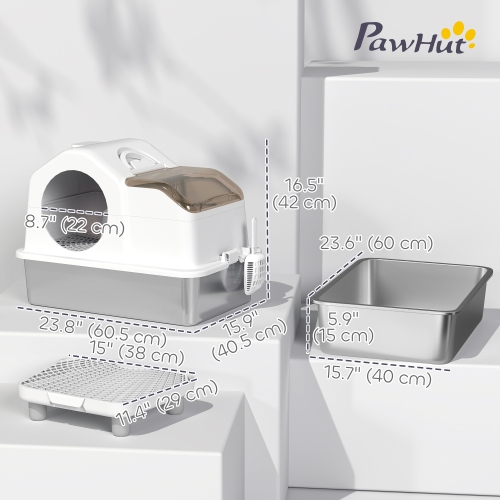 PawHut Stainless Steel Cat Litter Box with Removable Lid, Extra Large Enclosed Litter Box with High Sided, Mats, Scoop, Odor Free, Non-Sticky,