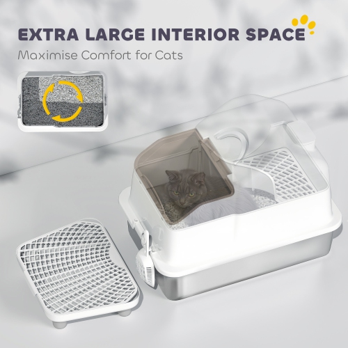 PawHut Stainless Steel Cat Litter Box with Removable Lid, Extra Large Enclosed Litter Box with High Sided, Mats, Scoop, Odor Free, Non-Sticky,