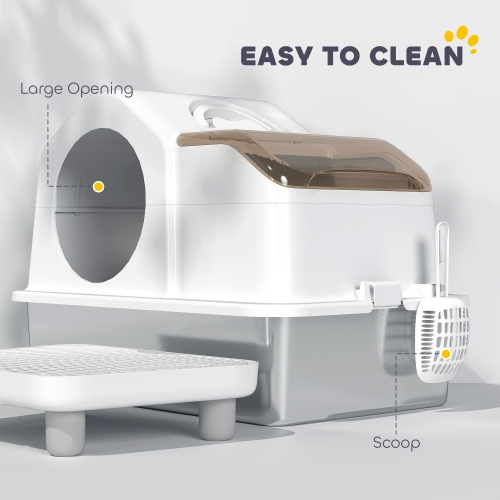 PawHut Stainless Steel Cat Litter Box with Removable Lid, Extra Large Enclosed Litter Box with High Sided, Mats, Scoop, Odor Free, Non-Sticky,