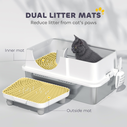 PawHut Stainless Steel Cat Litter Box with Removable Lid, Extra Large Enclosed Litter Box with High Sided, Mats, Scoop, Odor Free, Non-Sticky,