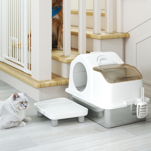 PawHut Stainless Steel Cat Litter Box with Removable Lid, Extra Large Enclosed Litter Box with High Sided, Mats, Scoop, Odor Free, Non-Sticky,