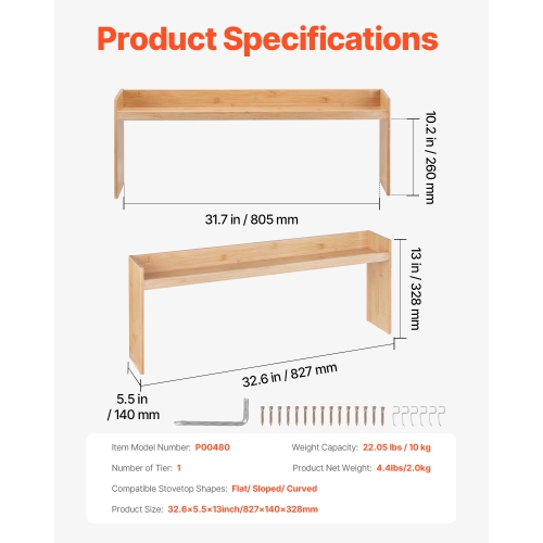 VEVOR 6 Hooks Over the Stove Shelf, Over Stove Spice Shelf for Kitchen Stove Top, Seasoning Shelves, Spice Organizer, Easy to Assemble Countertop
