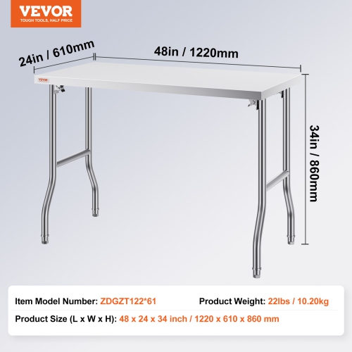 Table de préparation commerciale pliante de 48 x 24&nbsp;po VEVOR, poste de travail commercial, table pliante en acier inoxydable robuste, table de