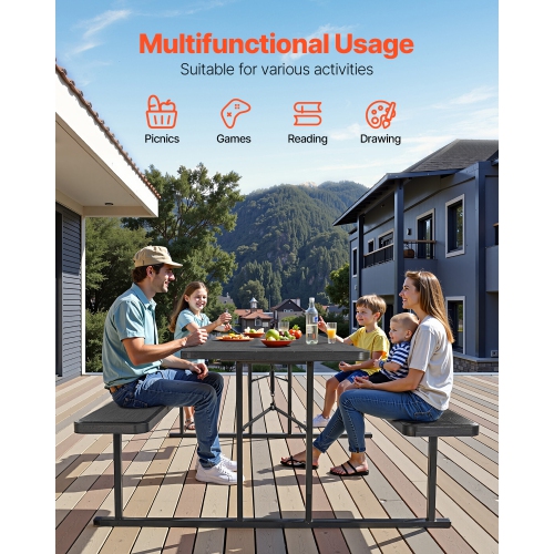 VEVOR 6 FT Foldable Picnic Table, Folding Picnic Tables with Benches, Steel Outdoor Bench Set with Umbrella Hole, Large Outside Dining Table for